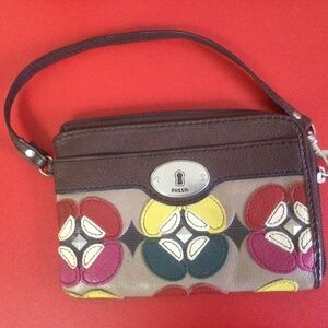 Authentic Fossil Leather Corner Zip Wristlet Wallet Clutch Brown Floral